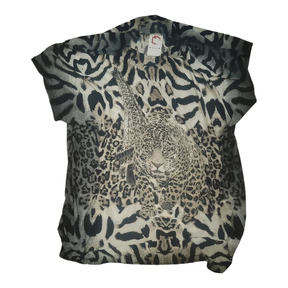 ARONIA black Grey white rhinestone snow leopard plus size mesh shirt blouse 3x - Picture 1 of 5